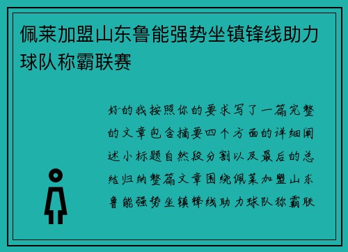 佩莱加盟山东鲁能强势坐镇锋线助力球队称霸联赛